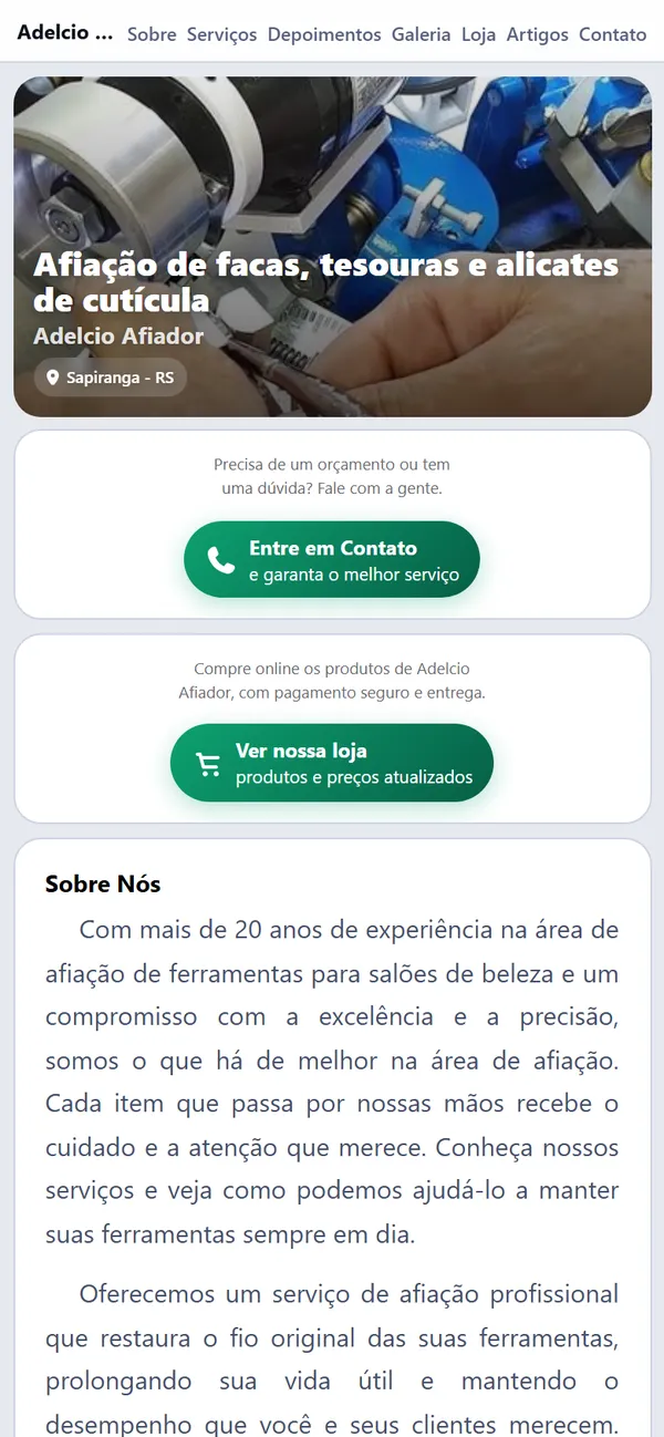 A página do Adelcio Afiador, de Sapiranga, aberta no celular